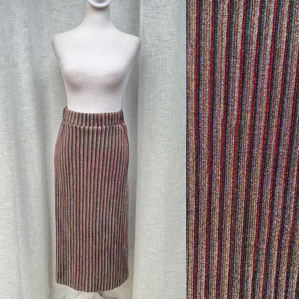 Amitié rainbow multicolor metallic stripe midi straight skirt